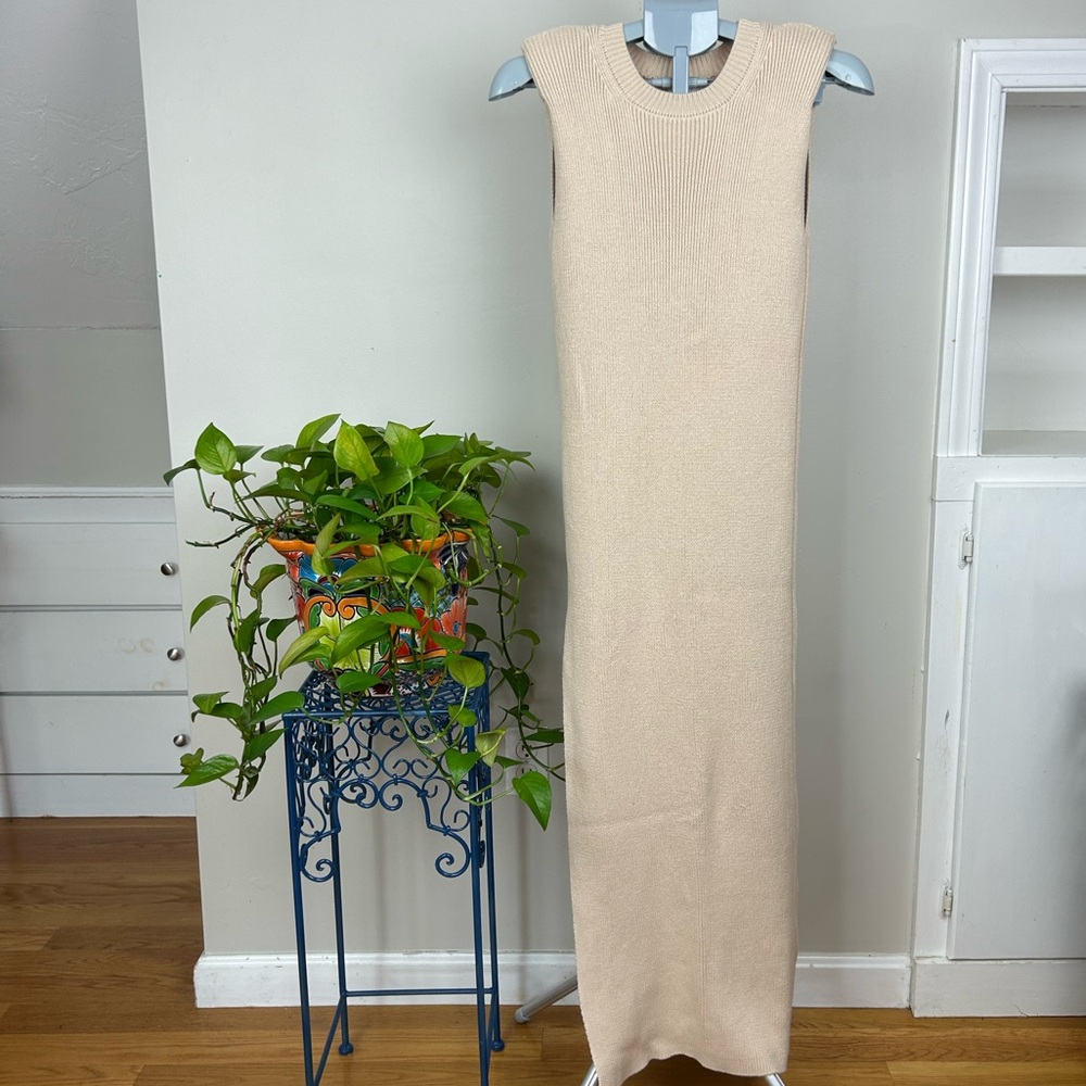 Cream Sleeveless Knit Maxi Sweater Dress Minimalist Bodycon Lagenlook